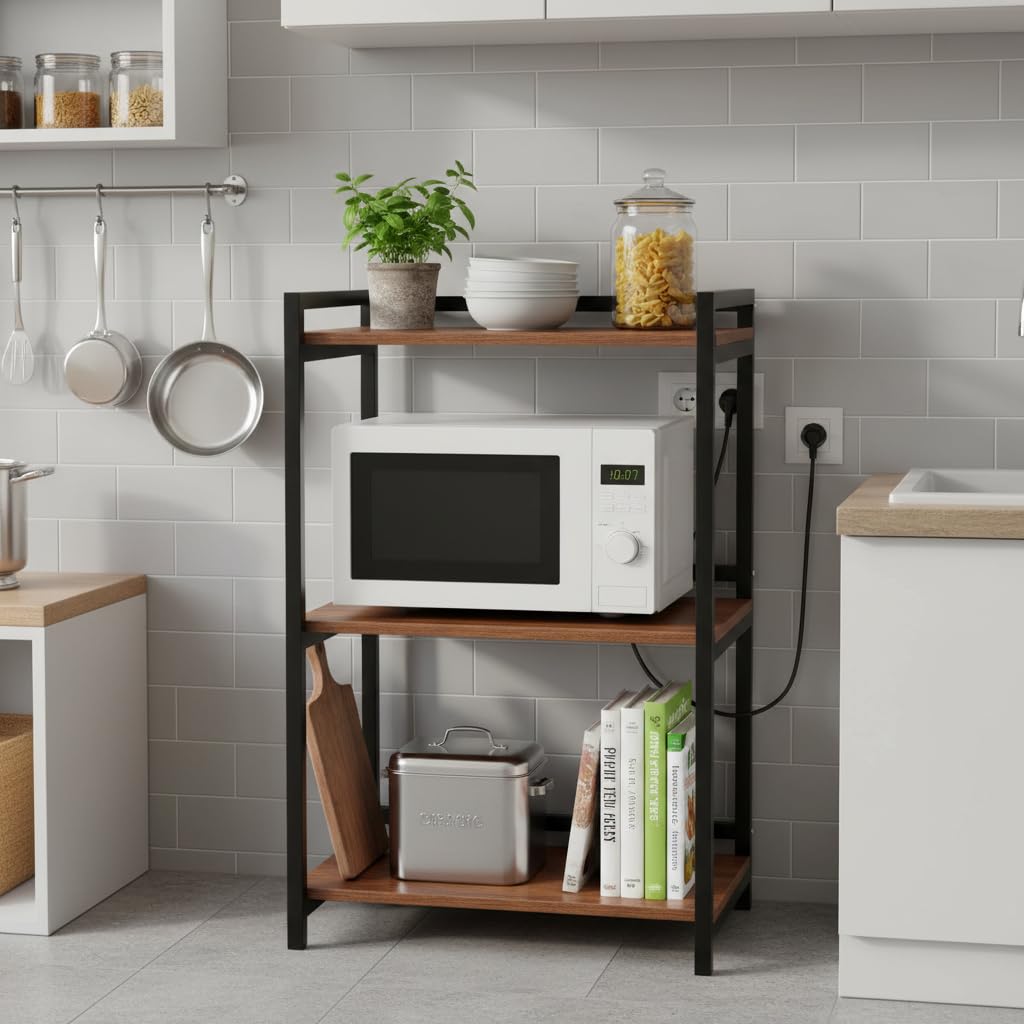 RIZIK STORE® 3-Layer Multipurpose Microwave Oven & OTG Stand | Kitchen Storage Shelf with Black Metal Frame | Engineered Wood Floor-Mount Rack for Kitchen & Home 90 x 39 x 60 cm (Design 1)