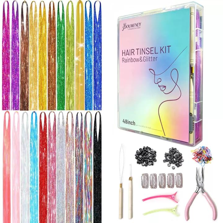 Pouweney Hair Tinsel Kit 22 Colors Fairy Tinsel Hair Extensions for Teen Girls Heat Resistant Glitter Hair Accessories for Christmas New Year Halloween Cosplay Party(48 Inch)