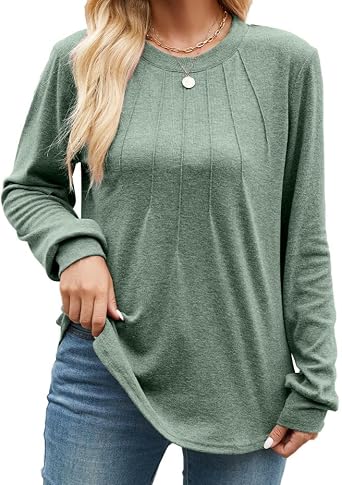 Womens Long-Sleeved Shirts Round Neck Pleated Design Tops Curved Hem Tees Business Casual Fall Clothes