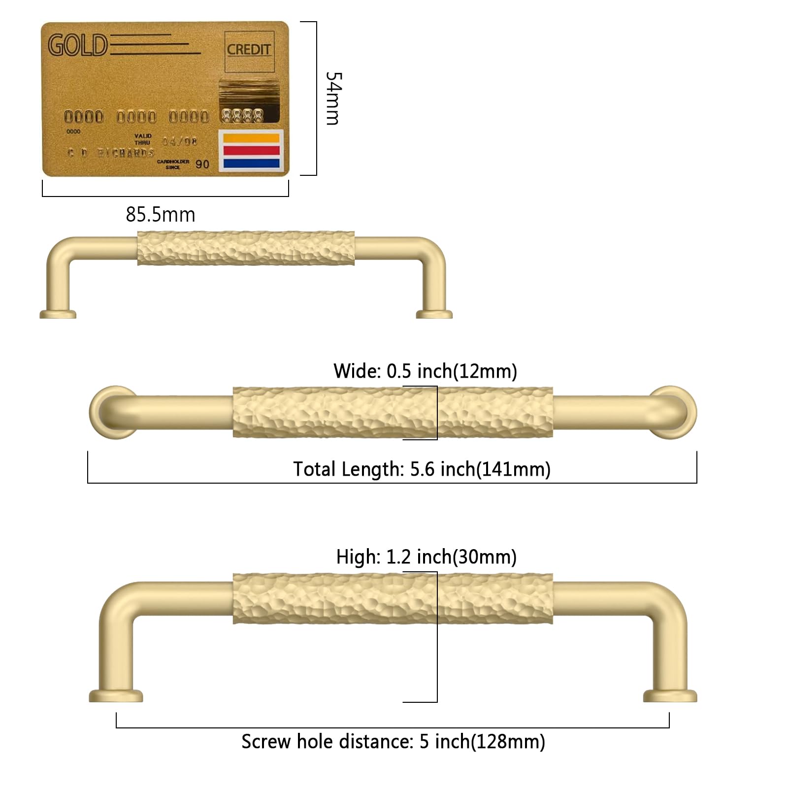 Amerdeco ZH0066 - Paquete de 10 tiradores martillados en oro cepillado para armarios con orificio central de 5 pulgadas (128 mm), tiradores para cajones de cocina, tiradores para armarios de cocina,