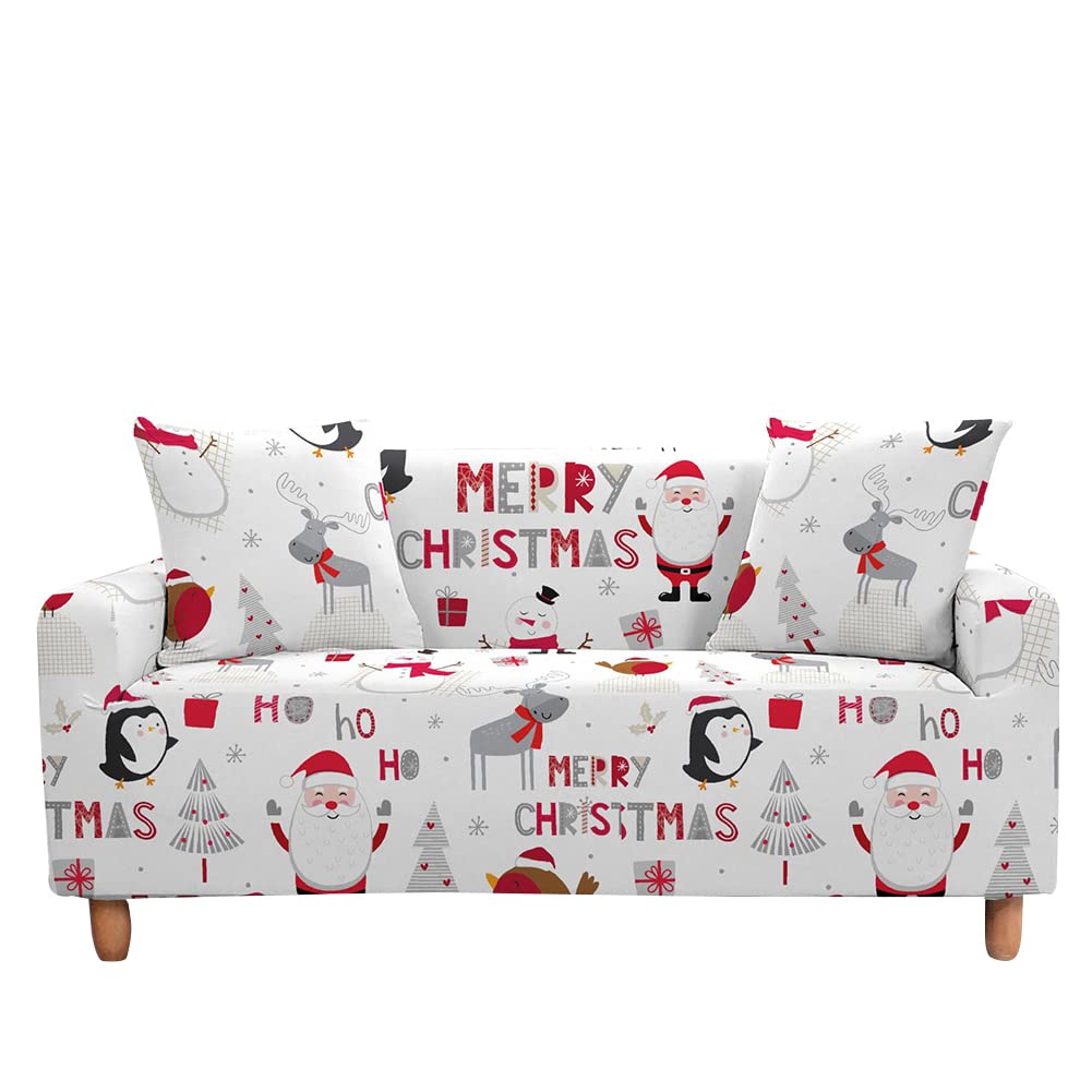 Highdi Christmas Elastic Sofa Cover, Covers for 1/2/3/4 Seater, Universal Cover Adjustable Sofas Protector Furniture Cover (Christmas White, 3 Seater)