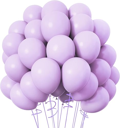 RUBFAC 120 globos de látex morado pastel de 12 pulgadas, globos lavanda mate de color morado claro para suministros de fiesta de cumpleaños, baby