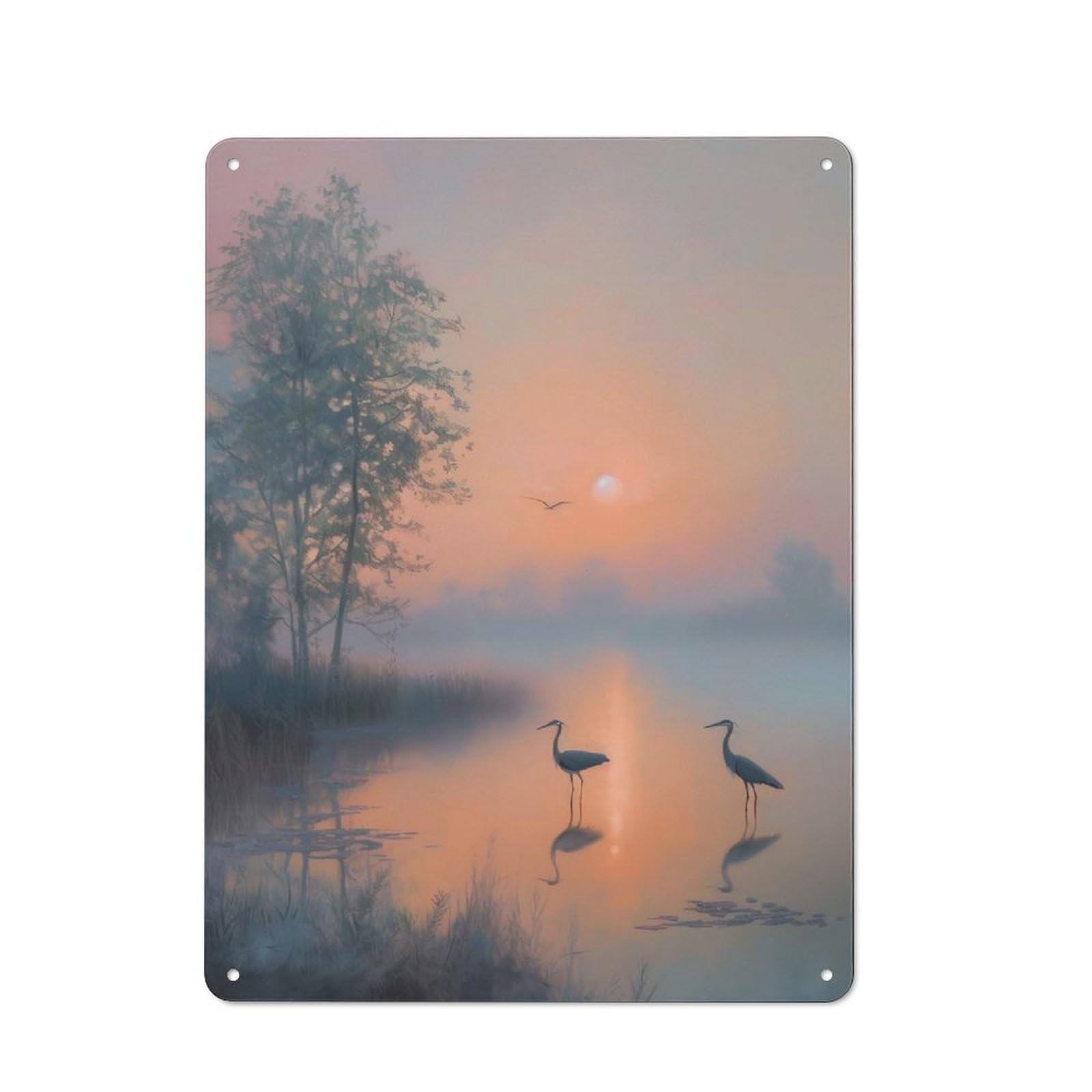 Junmoney Style-3 Tin Sign 40X30cm With Foggy Morning Herons For Workshop Wall, Retro Decor, For Metal Sign Collectors, For Cafés, Pubs And Restaurants