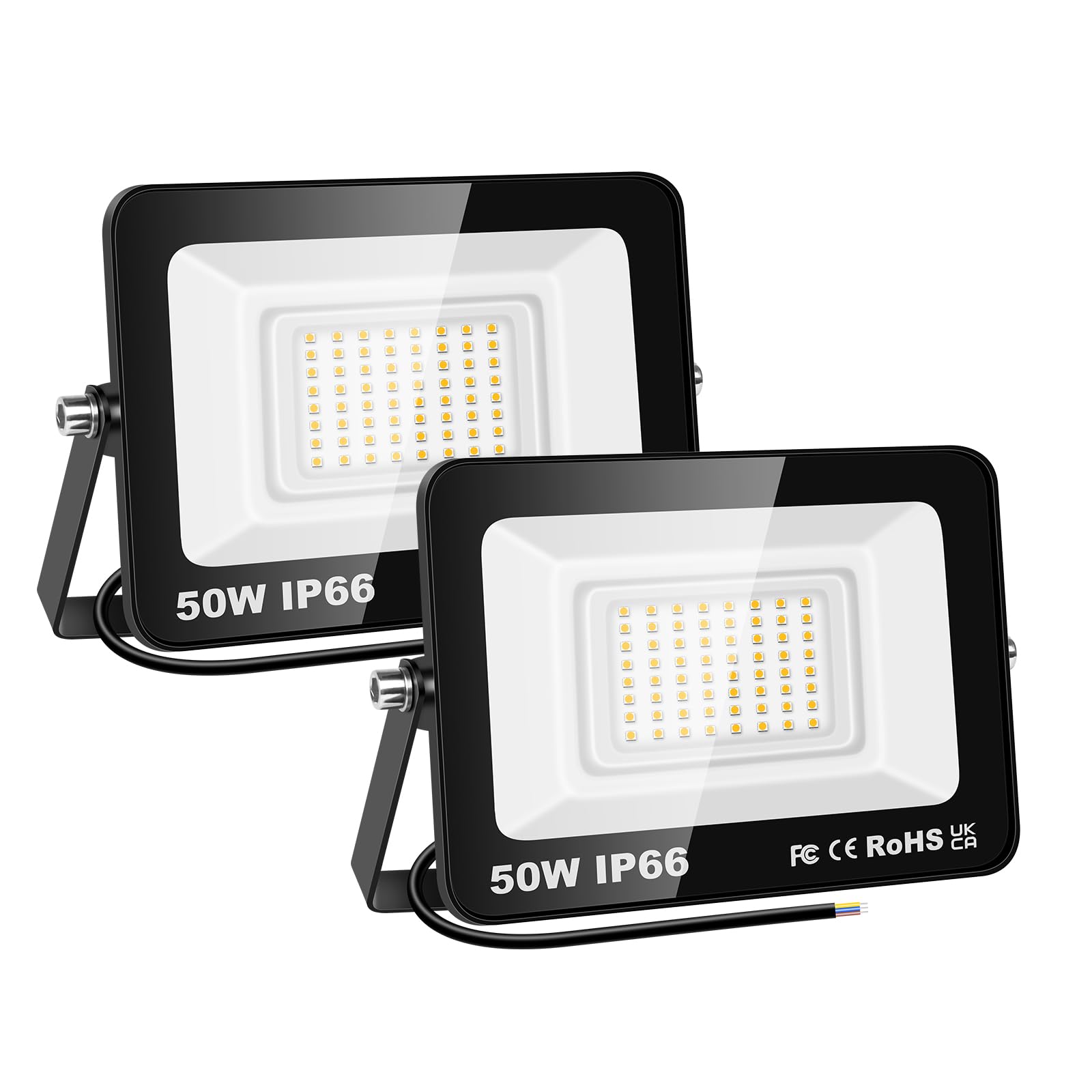 PICAA Outdoor LED Floodlight, 2 x 50 W Outdoor Floodlight, IP66 Waterproof 5000 LM Powerful Outdoor LED Spotlight, Flood Lights for Garden, Garage, Patio, Barn, Yard (3500K Warm White, 50W)