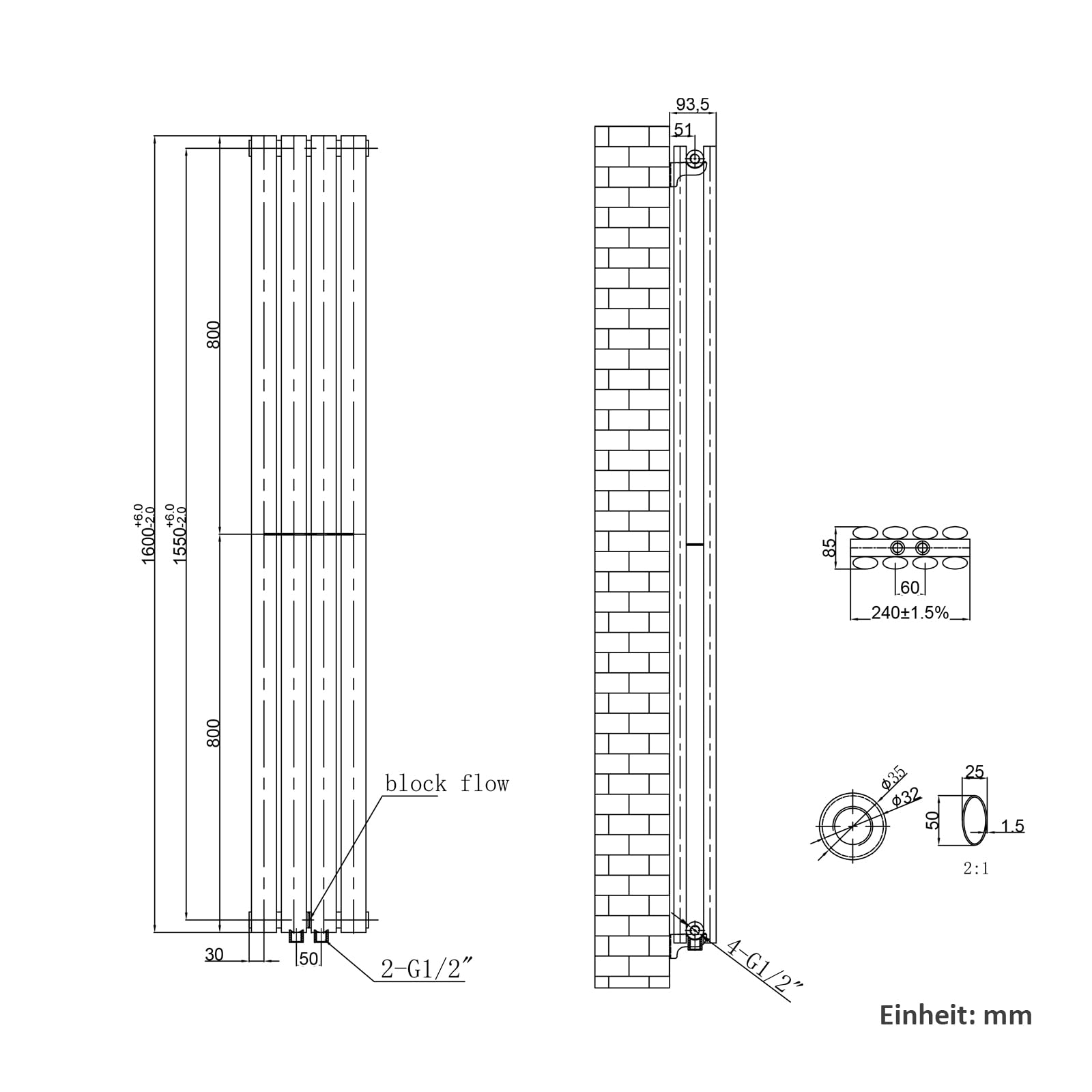 EMKE Ovaler Design Heizkörper 1600x240mm, Schmal Hoch Röhrenheizkörper mit Mittelanschluss Doppellagig Heizung Anthrazit 775 Watt