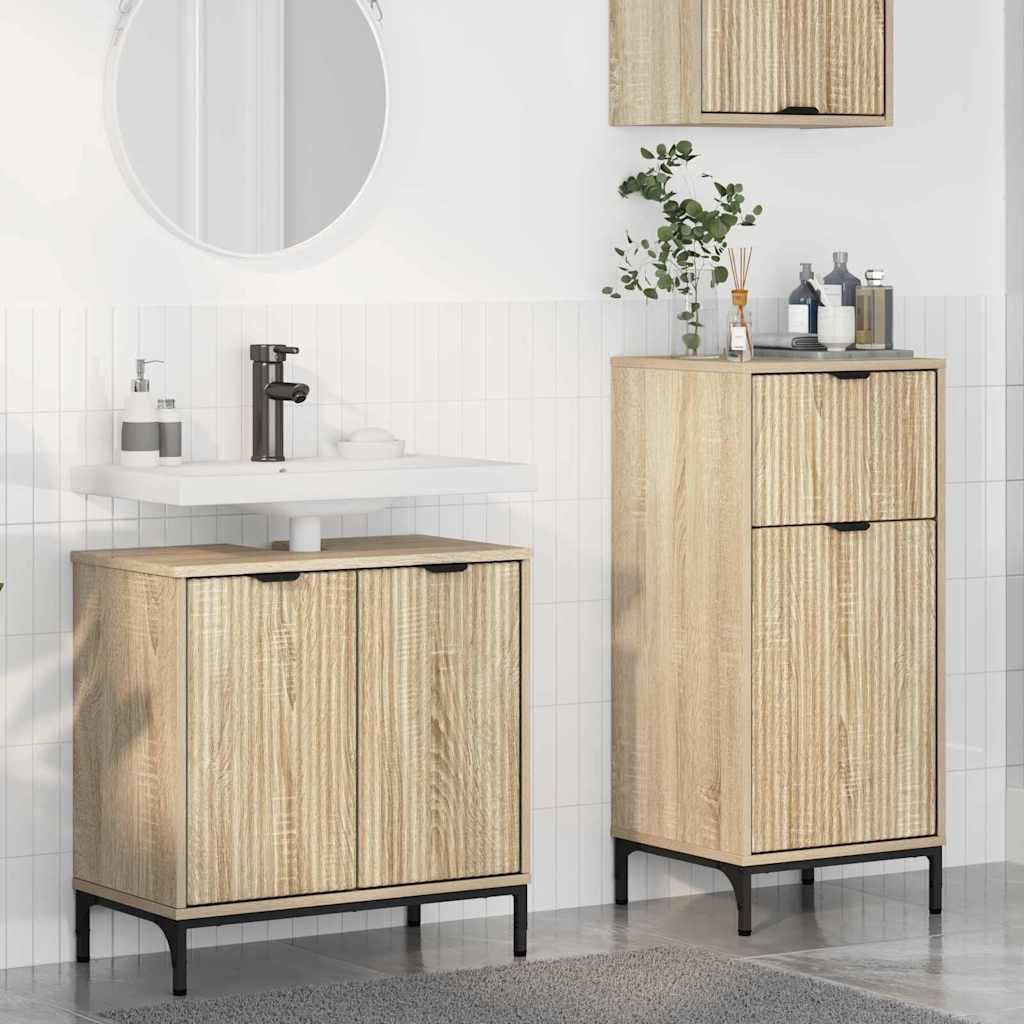 Juego de muebles de baño de 2 piezas de madera de roble Sonoma contrachapada de metal con armario bajo y armario alto, capacidad de carga de 120 kg, espacio de almacenamiento con cajón y