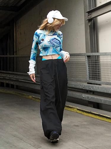 Miniatura 4 de Pantalones de paracaídas para mujer, cintura elástica, con cordón, pantalones cargo con bolsillos, pantalones casuales de senderismo