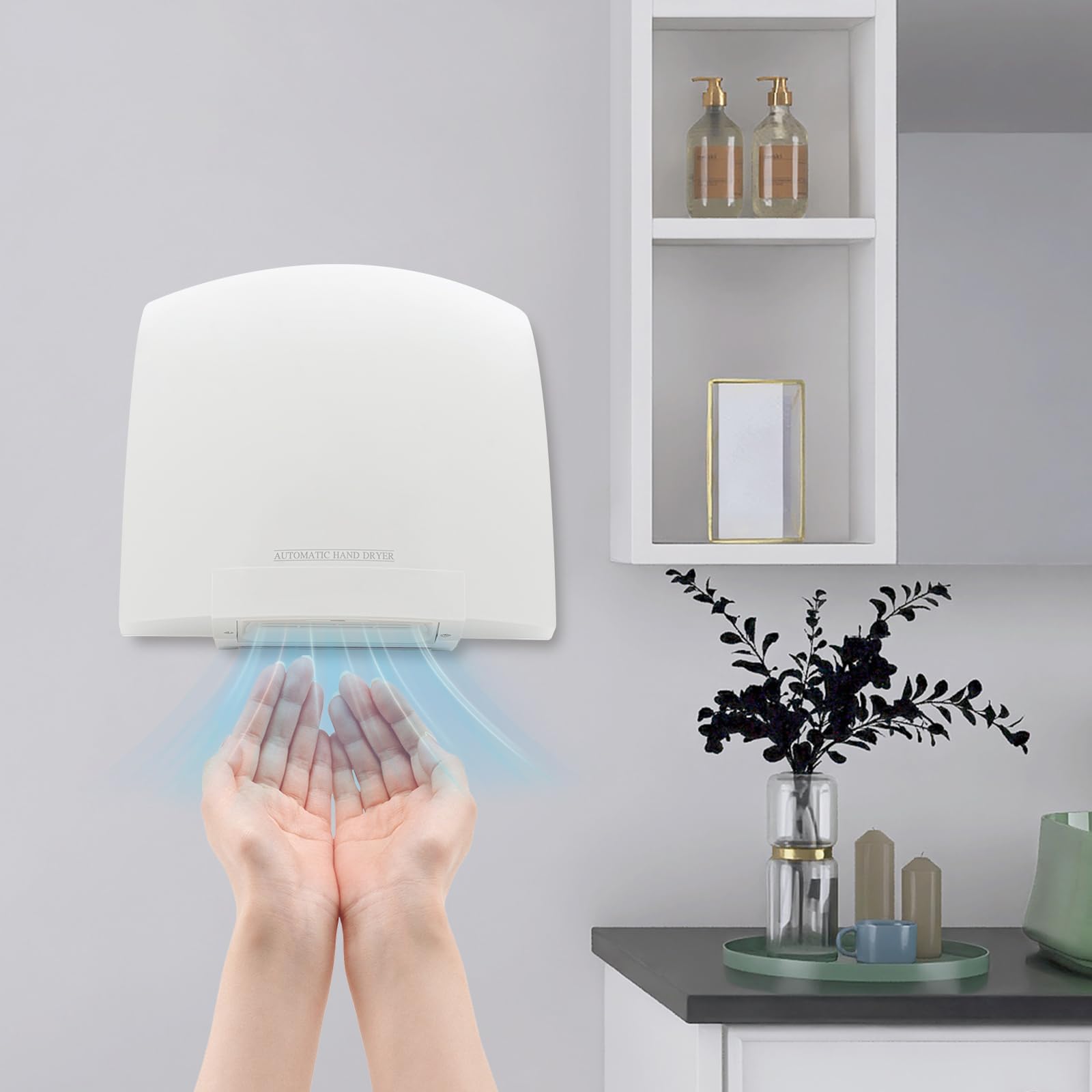 Secador de manos eléctrico con sensor infrarrojo automático, montaje en pared, sin contacto, para baño, aseos comerciales y domésticos, bajo ruido (70 db)