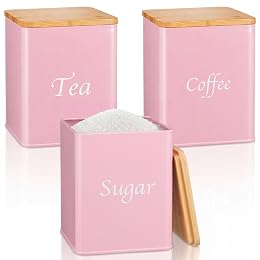 Blushtier 3 Pack 48 oz Pink Kitchen Canister Set Metal Tea Coffee Sugar Jar Container with Bamboo Airtight Lids Food Storage Containers for Bar Counter Farmhouse Kitchen Decor