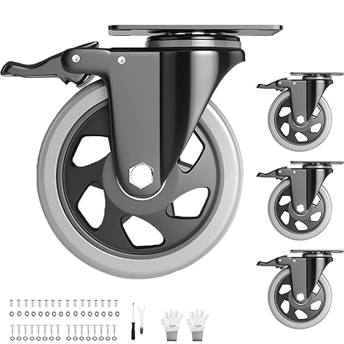 Juego de 4 ruedas resistentes de 5 pulgadas con frenos, ruedas giratorias de placa superior sin ruido con ruedas de poliuretano para carrito,