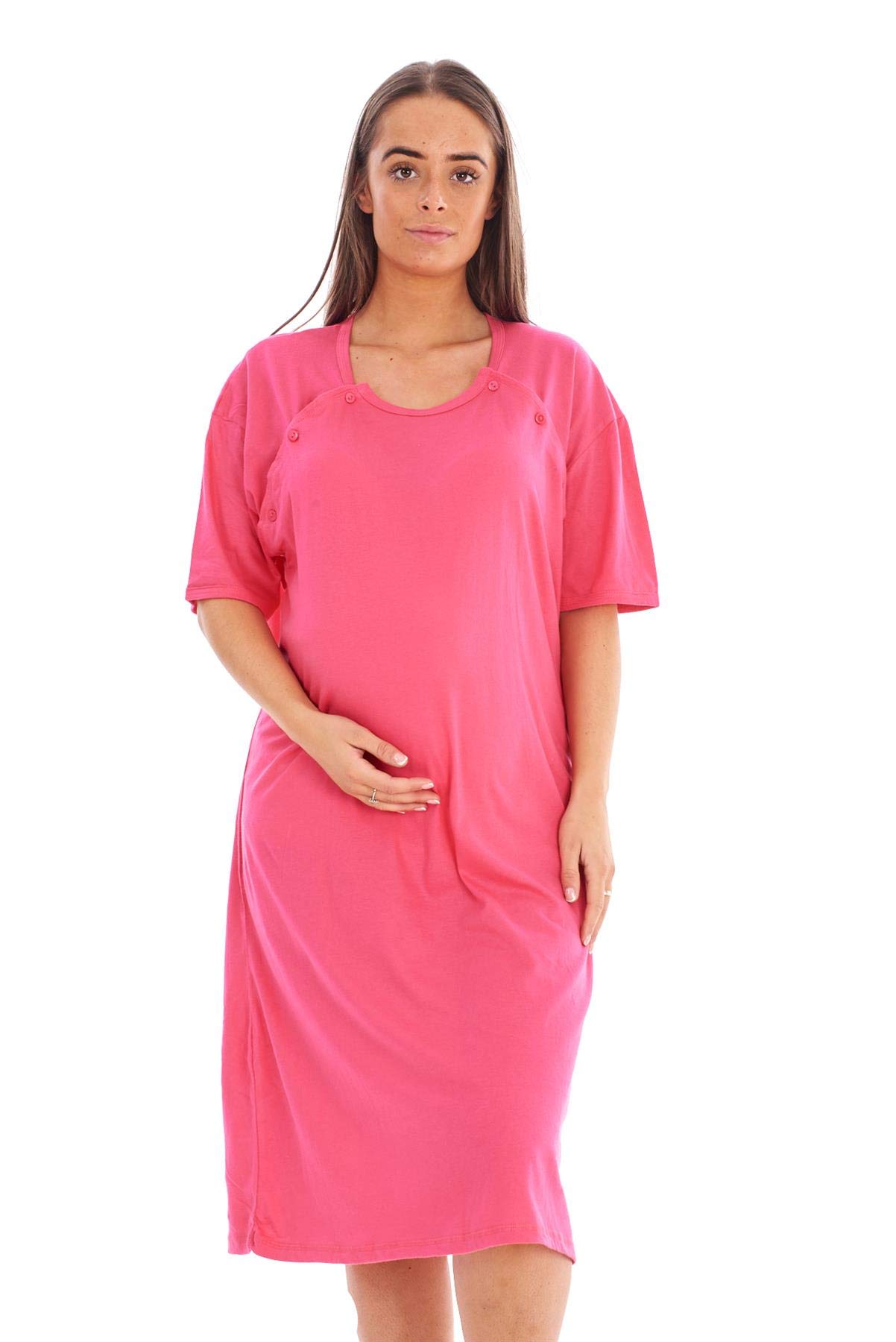 Malay Women's Fuchsia Plain Maternity Nursing Nightdress 100% Cotton Breast Buttons Labor Gown