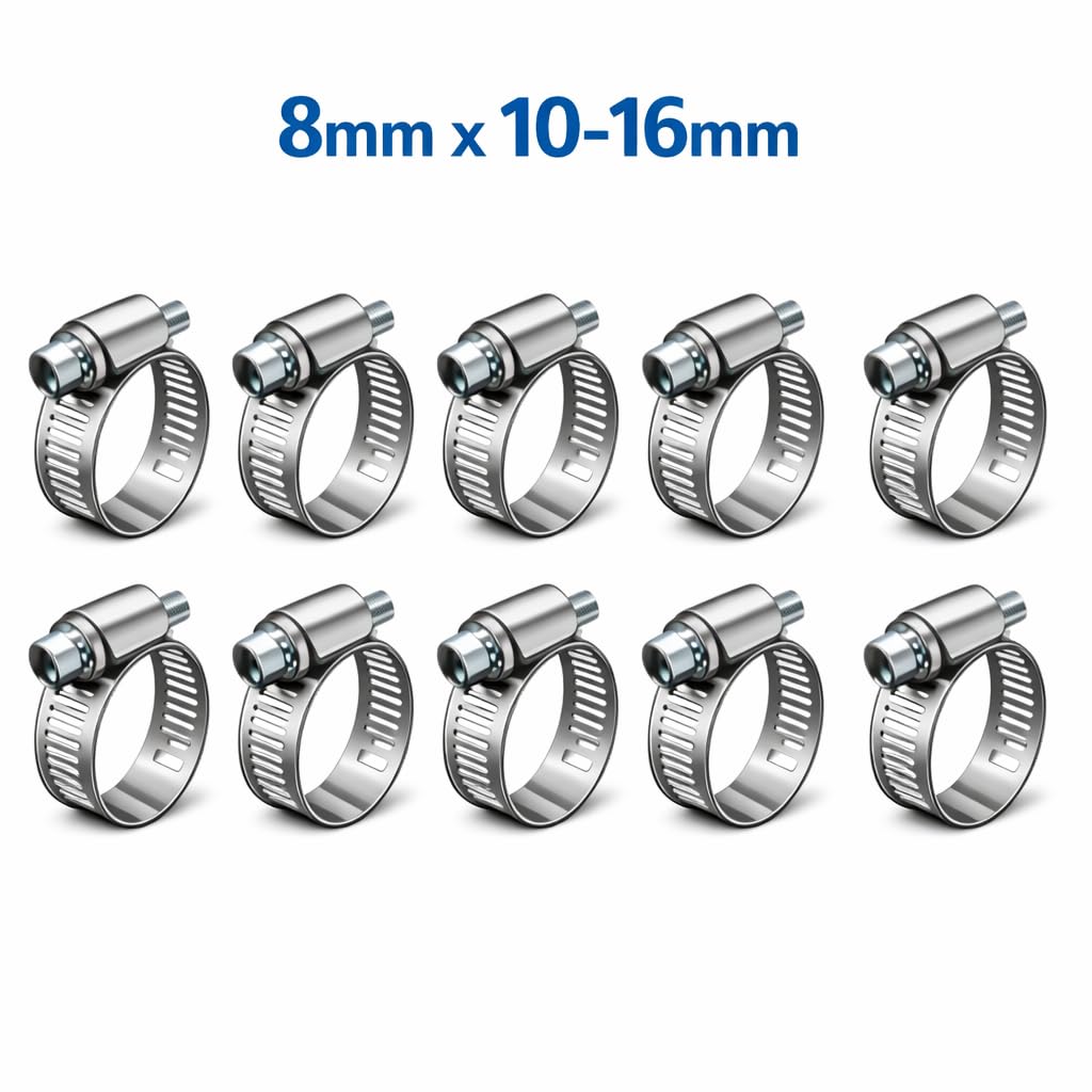 Metal Hortum Kelepçesi, Paslanmaz Çelik, 8mm x 10-16mm, 10 Parça, Otomotiv, Tesisat ve DIY Projeleri için
