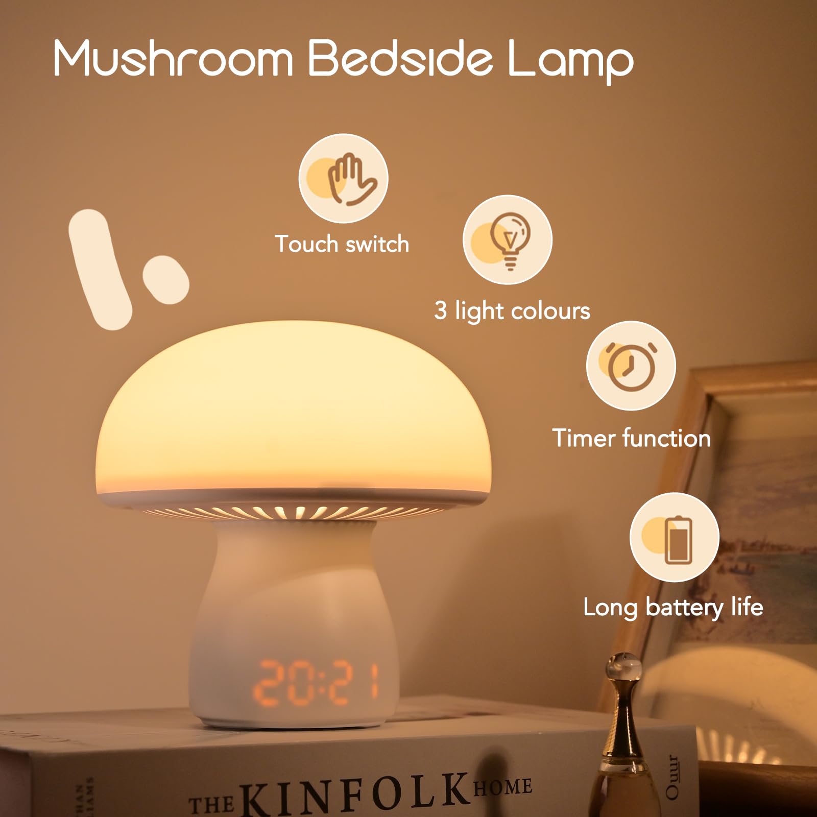 AVEKI Touch Bedside Lamp for Bedroom Mushroom Night Light with Time & Remote - Image 2