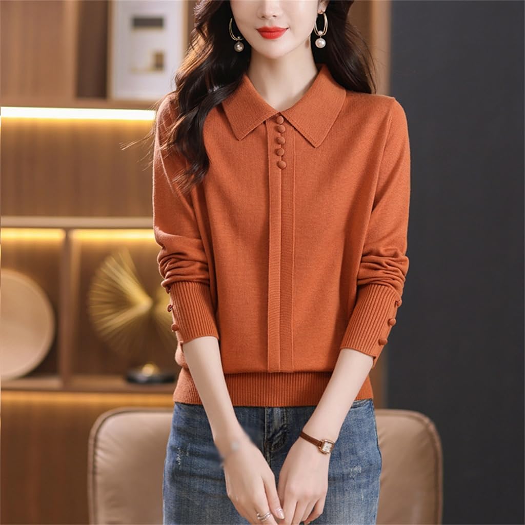 Long Sleeved Knitted Top with Sweater On for Women's Autumn Wear Lapel for Mother's Bottom