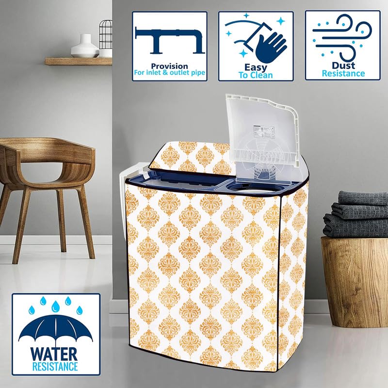 Image of PVC Printed Semi Automatic Washing Machine Cover Compatible For Samsung, Lg, Whirlpool 6Kg, 6.2Kg, 6.5Kg, 7Kg, 7.2Kg, 7.5Kg, 8kg, 8.5kg | Waterproof & Dustproof Cover, Dmass Gold.
