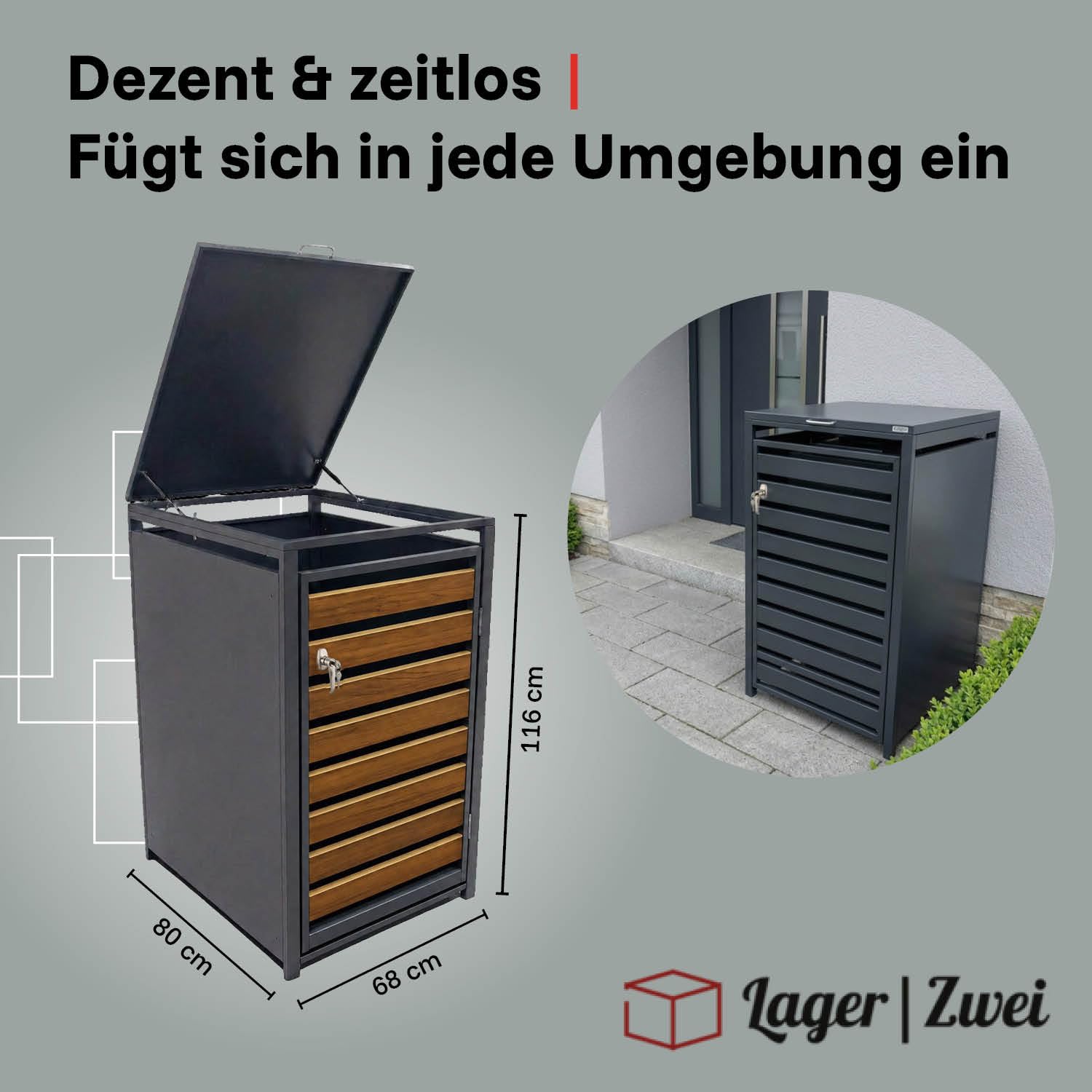 LagerZwei Mülltonnenbox 240 L I Wetterfeste, abschließbare Mülltonnenverkleidung I Müllbox aus Stahl, pulverbeschichtet I Automatikdeckel mit Gasdruck I Holz, 116 x 80 x 68 cm