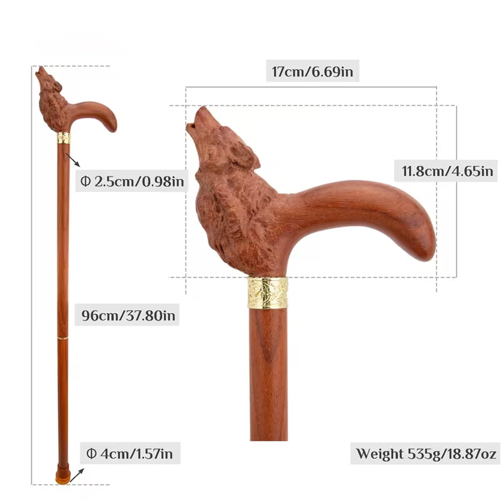 Bastones de Madera con Forma de Lobo, con Mango ergonómico y Punta de Goma Antideslizante. Bastón Decorativo de Lujo para Cosplay, 96 cm.