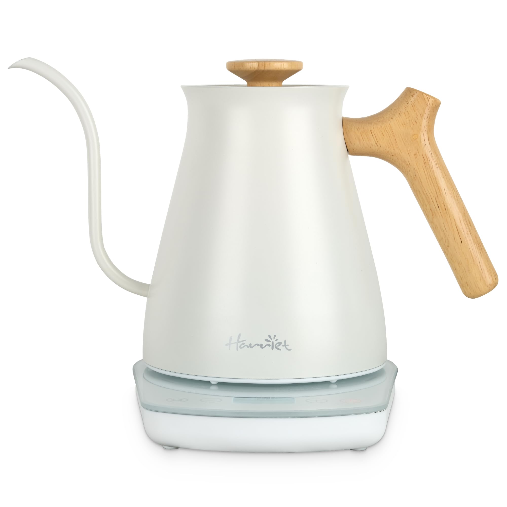 Harriet Gooseneck Electric Kettle with Temperature Control & Bult-in Timer - 1200W Fast Heating, 0.8 Liter, Wood Handle, Stainless Steel Electric Tea Water Kettle for Pour Over Coffee and Tea, White
