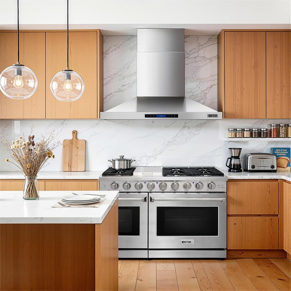 KOSTCH 48 inch Convertible Ducted Wall-Mounted Range Hood, 1200 CFM Kitchen Vent Hood with Touchscreen Control Panel, 3 Speed Exhaust Fan & LED Light, in Stainless Steel (Stainless Steel)