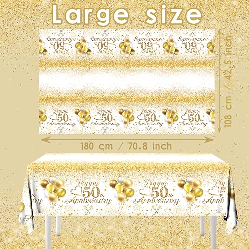 Image of Happy 50th Anniversary Table Cloth,50 Year Anniversary Decorations 3Pcs White and Gold Tablecloth Waterproof Rectangular Table Cover for 50 Year Old Birthday Party Supply