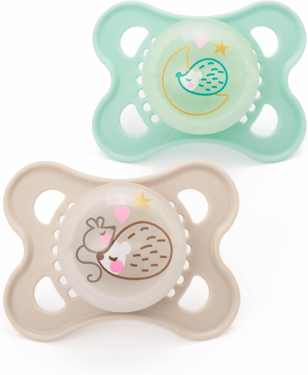 Latex Original Night Soothers | 0-6 Months | Glow in The Dark Dummies | Comes in Dummy Steriliser Case | Baby Accessories for Newborn | Green/Cream (Various Designs)