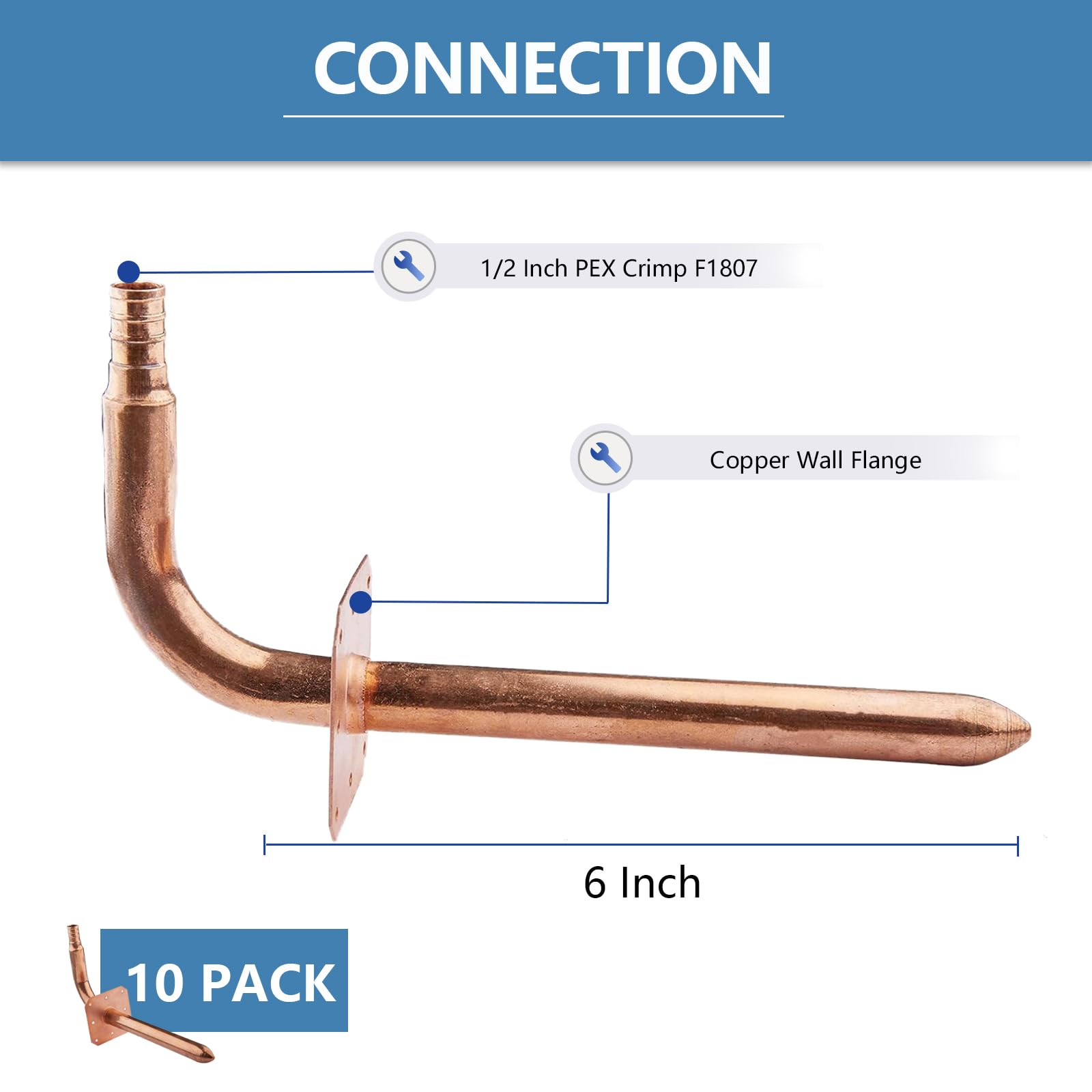 Codo de cobre de crimpado PEX de 1,27 cm con brida de pared, 10 unidades de codo de 6 pulgadas de longitud, ASTM F1807