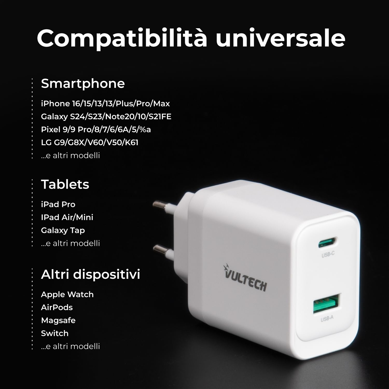 VulTech CC45-1C1A - uniwersalna ładowarka 45 W GaN USB + Type-C/USB-C PD3.0 QC3.0 PPS, kompatybilna ze smartfonami, tabletami i notebookami - biała, kompaktowa