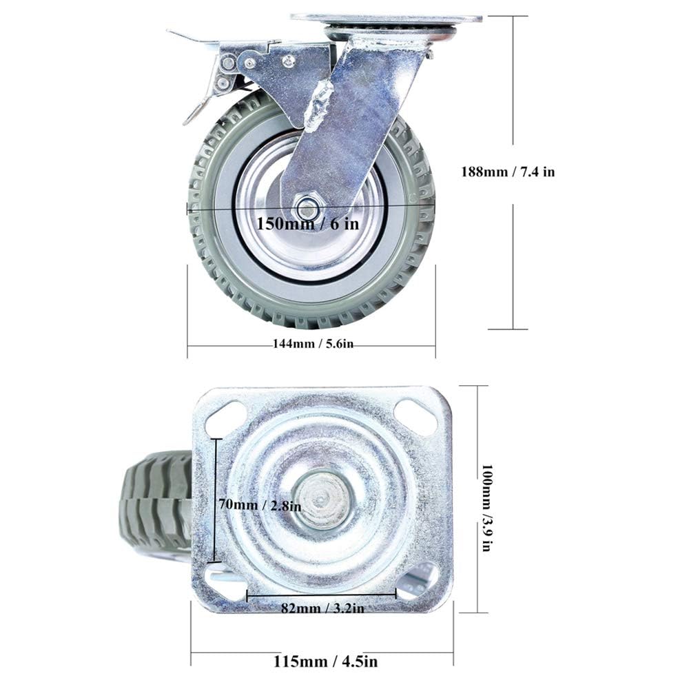uyoyous - 4 ruote per piastre da 150 mm, con freno, girevoli a 360°, ruote per il trasporto, ruote in gomma piena, portata 600 kg (2 ruote girevoli + 2 ruote freno)