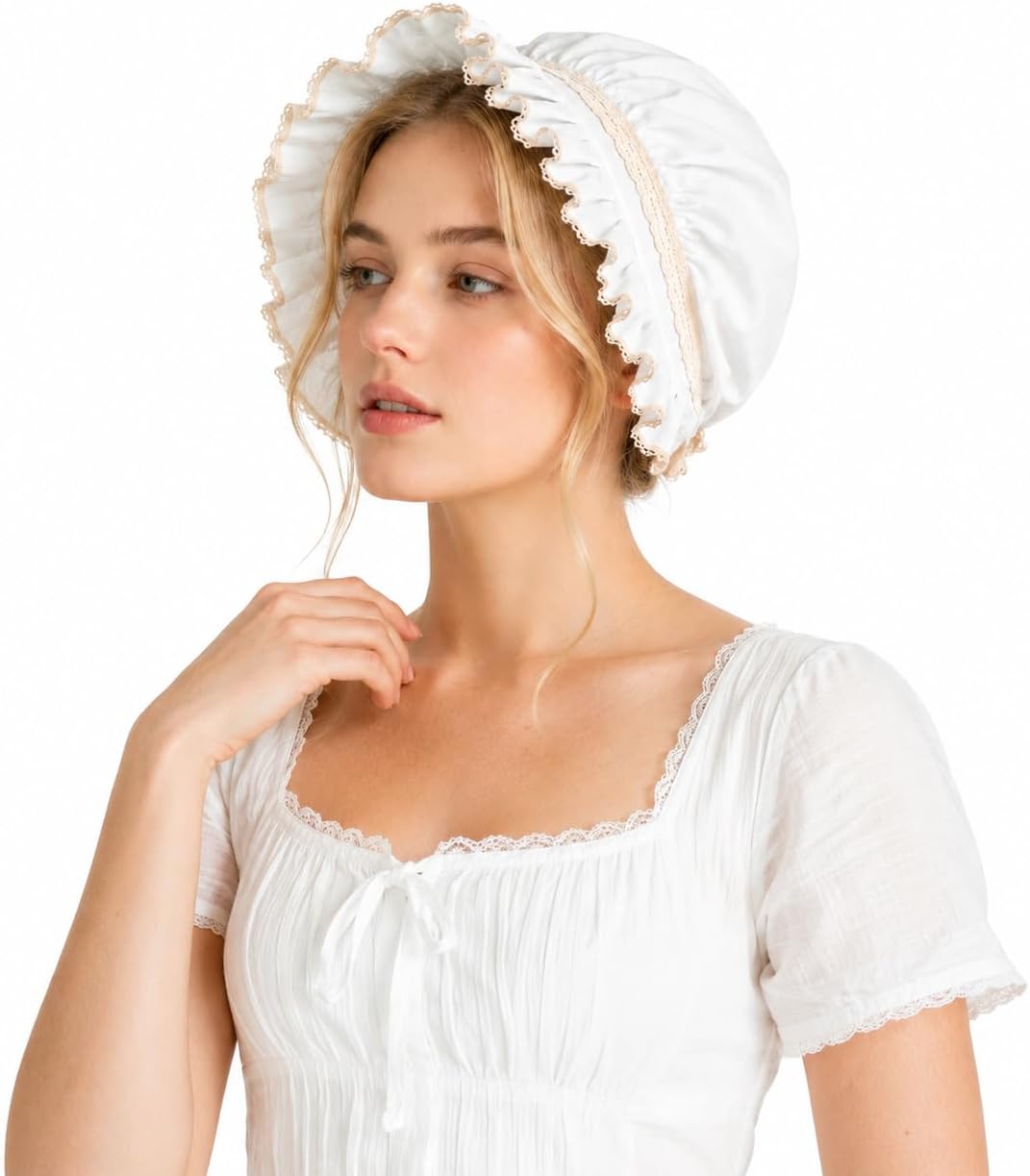 Women's Pioneer Bonnet, White, Colonial Puritan Hat Peasant Amish Prairie Medieval Hat, Costume Accessory