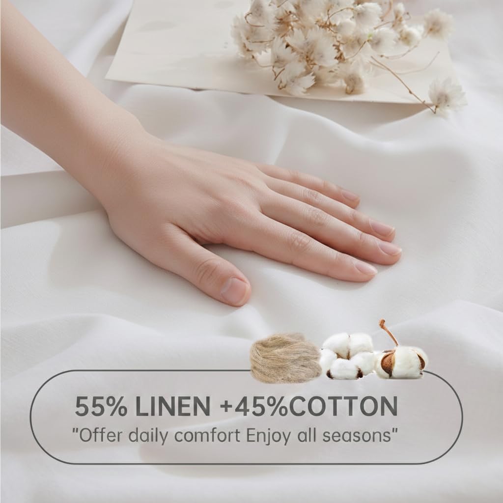 Simple&Opulence Linen Fitted Sheet Deep Pocket (1 Piece), Fits Mattresses up to 16" Flax Cotton Blended, Breathable, 360° Full Wraparound, Soft & Cozy Bedding - White, King Size