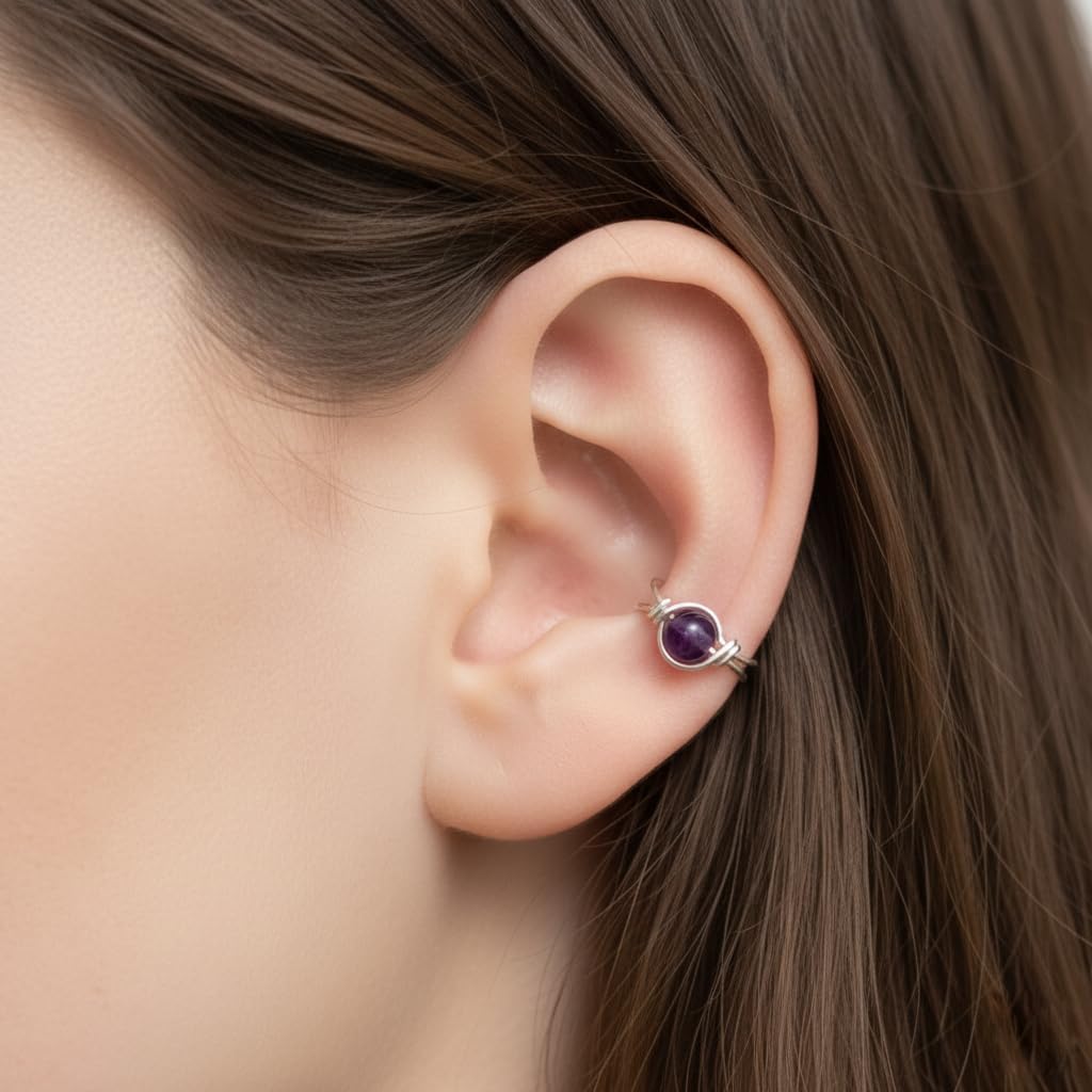 Sterling Silver Amethyst Clip On Ear Cuff, Non Piercing Dainty Huggie Gemstone Earring, February Birthstone - Image 3