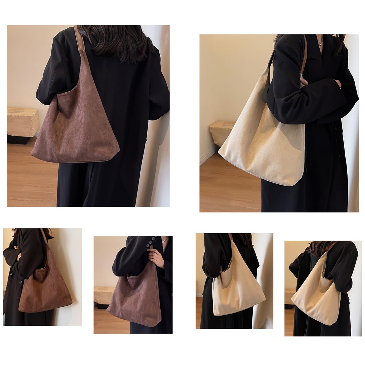 Hobo Bags - Borse da donna in pelle vegana e pelle scamosciata, stile hobo, secchiello e tote, A-coffee, Taglia unica