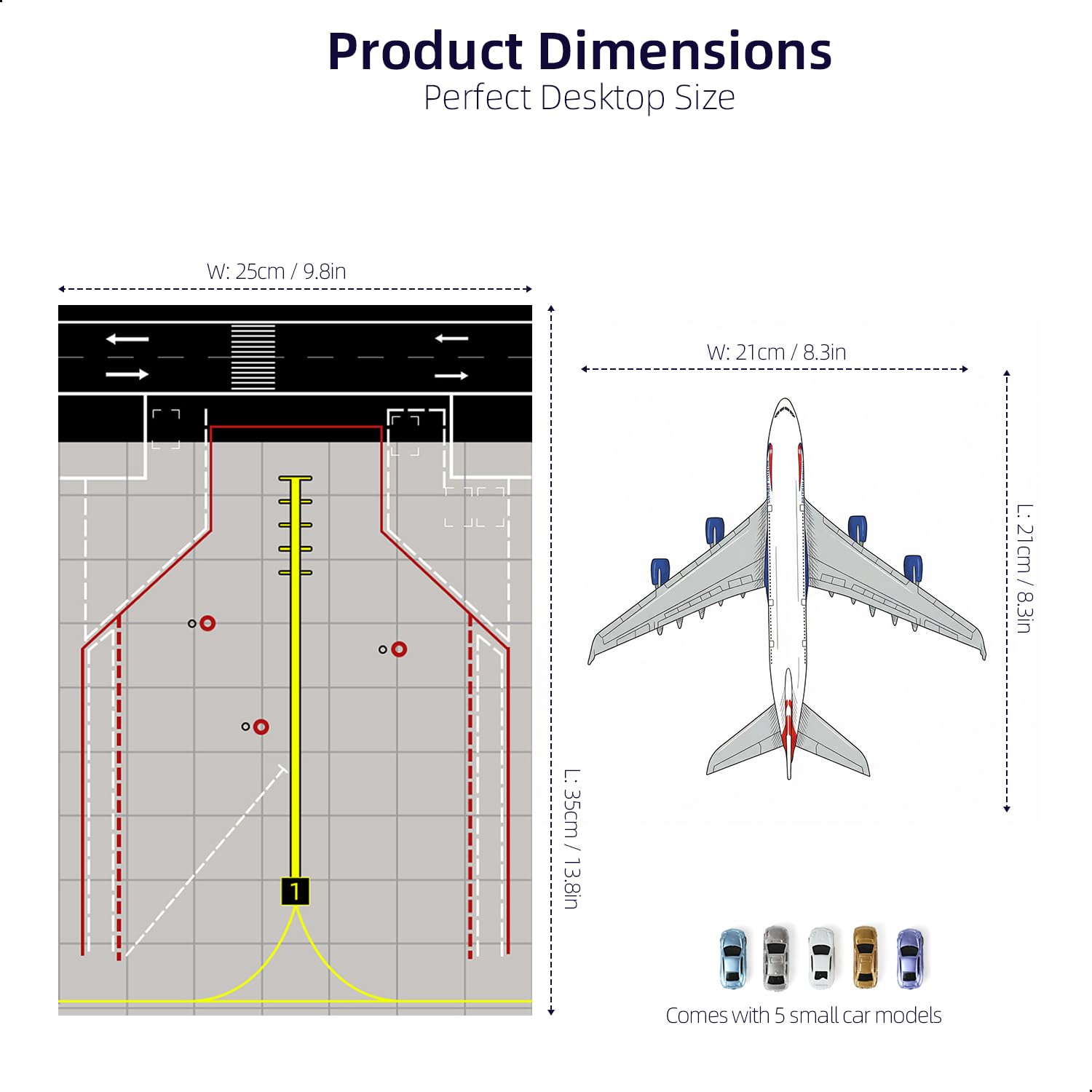 Maquette d'avion Britannique A380 (échelle 1/300) avec Tapis d'aéroport en Caoutchouc et 5 Voitures Miniatures en Métal – Objet de Collection pour Adultes (Scène d'aéroport)