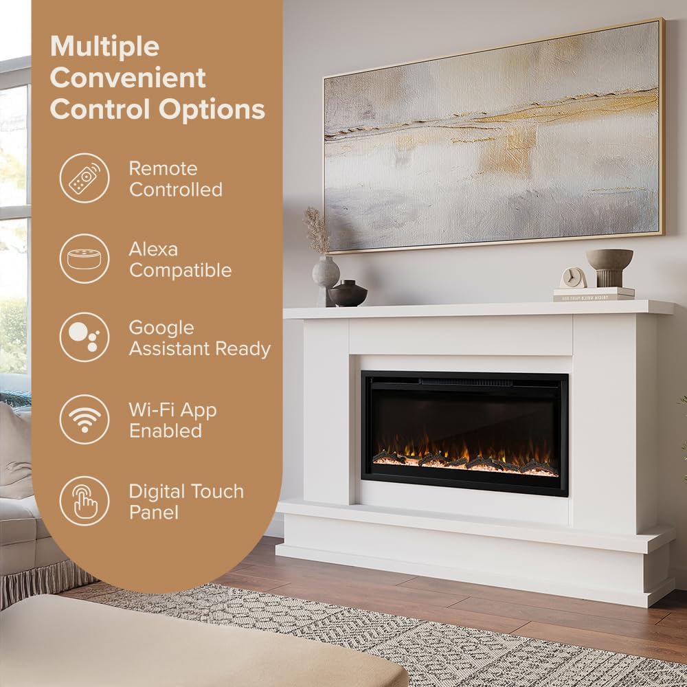 Modern Ember Patton White Mantel Package 64" W x 42" H with 42 Inch Electric Fireplace - 5 Flame Colors, 10 Ember Bed Colors, Log Kit & Crystal Embers | Alexa/WiFi Enabled