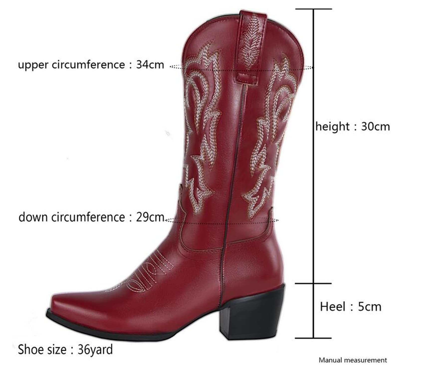 Botas de Mujer, Botas de Vaquero Bordadas Occidentales con Punta Puntiaguda, Botas Retro, Tacones Cuadrados, Botas de Tubo Medio sin Cordones de Talla Grande 45