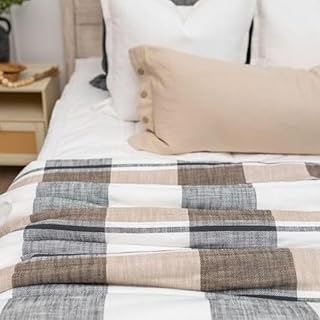 Gray and Tan Plaid Blanket, Dual Sided Cotton Exterior and Soft Minky Interior Fabric, Perfect for Personal Use or Bedroom Decor, All Season Large Blanket