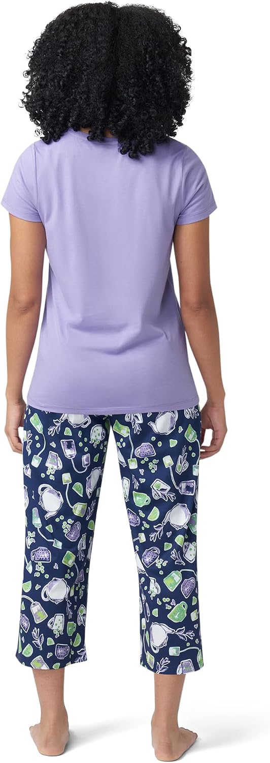 HUE Printed Knit Short Sleeve Tee and Capri 2 Piece Pajama Set Sleepwear