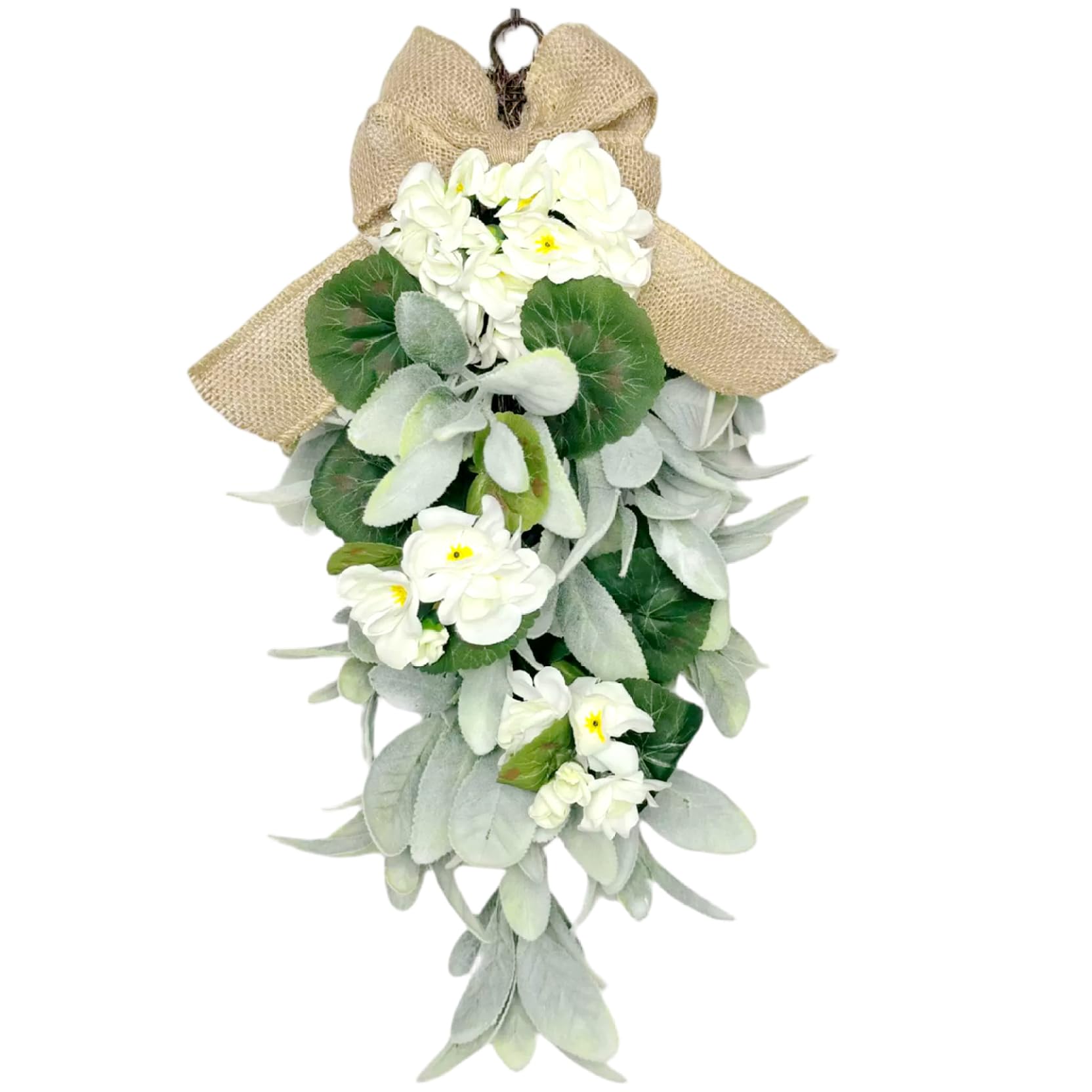 StaZamor Teardrop Wreath 18.9 Inch Artificial Teardrop Swag with Burlap Bow Green and White Faux Wreath for Front Door Wall Wedding Farmhouse All Season Decor