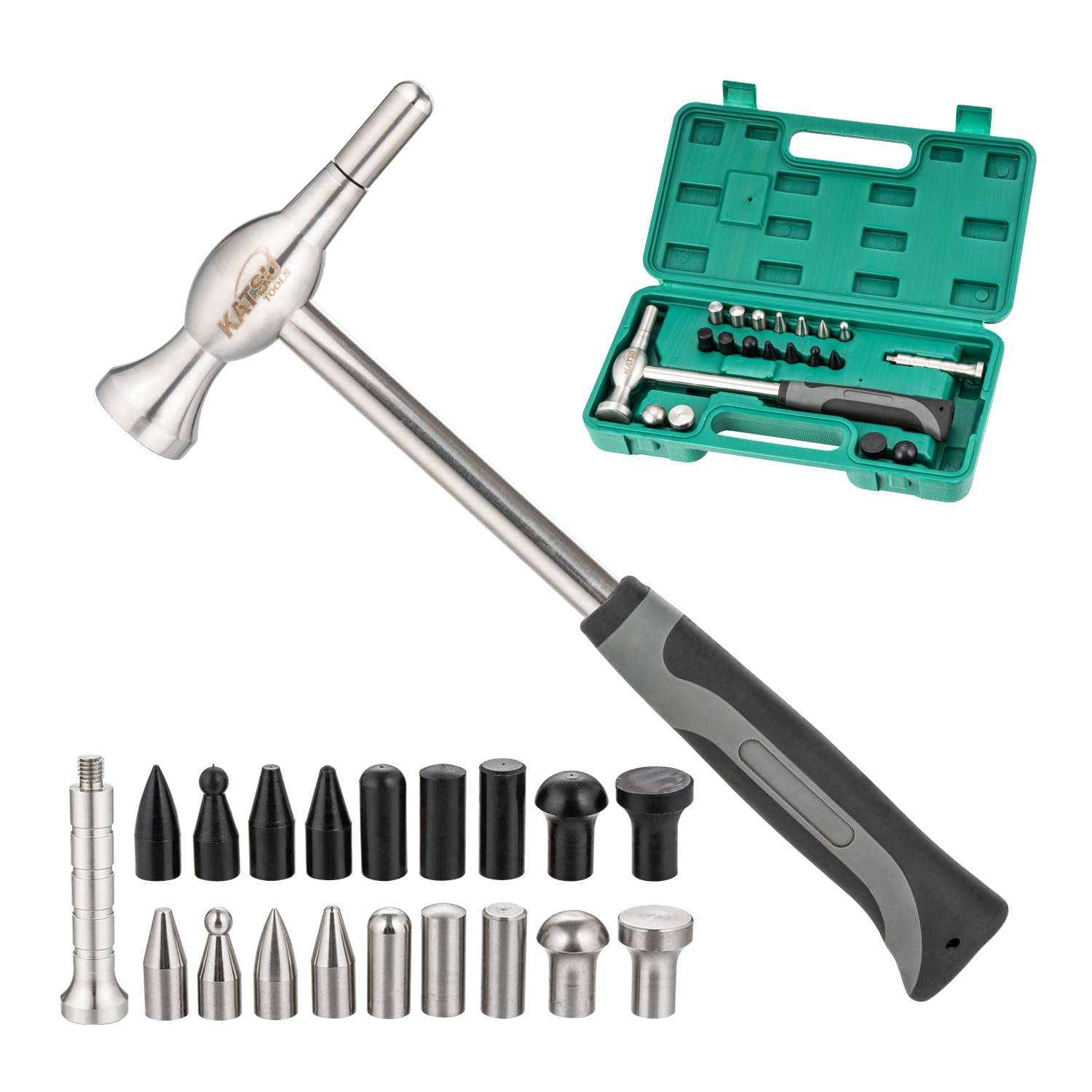 KATSU Tools 20-Piece Car Body Panel Dent Repair Tool Set, Stainless Steel Hammer with Tap Down Pen & Heads