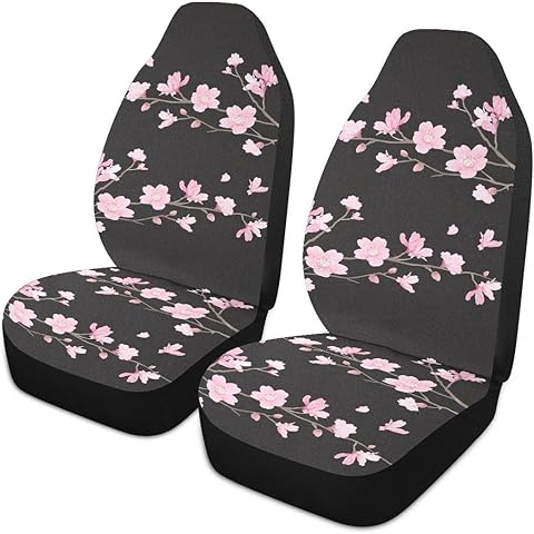 Cherry Blossom Car Seat Covers Set of 2,Japanese Pink Flowers Print Tree Branches w...