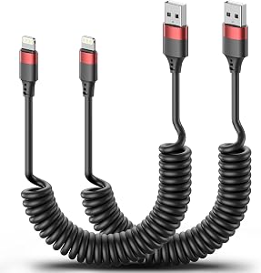 Coiled USB to Lightning Cable for Car, 2 Pack Retractable Lightning Cable Coiled iPhone Charger Cord Fast Charging for iPhone 14 13 12 11 Pro Max Mini 10 8 Plus XR SE, AirPods [MFi Certified]