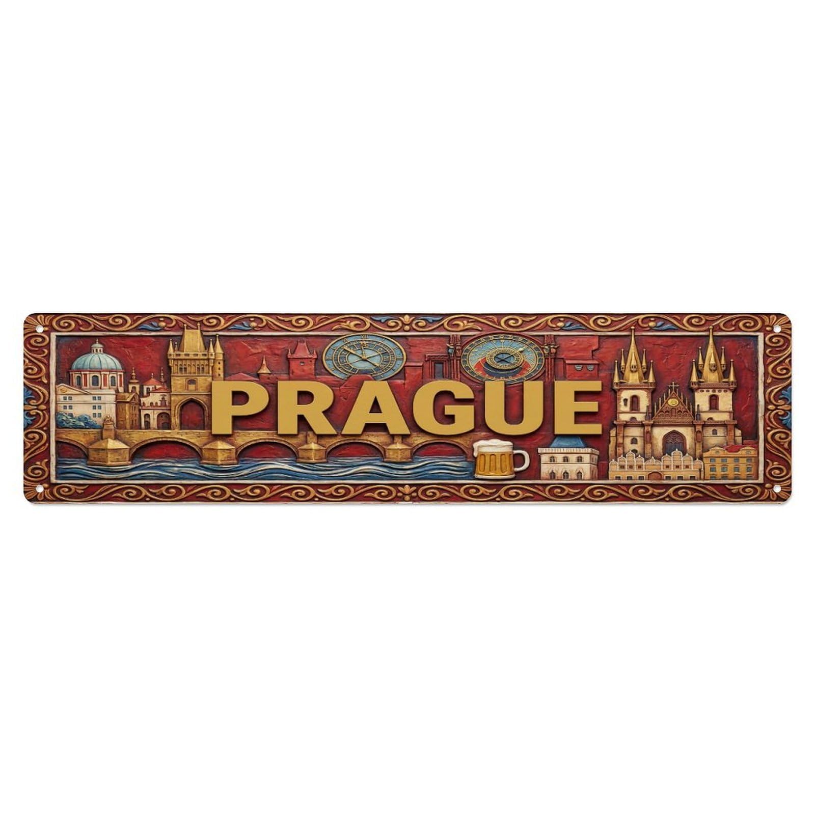 Vintage Prague Czechia Flag Pattern Metal Tin Sign