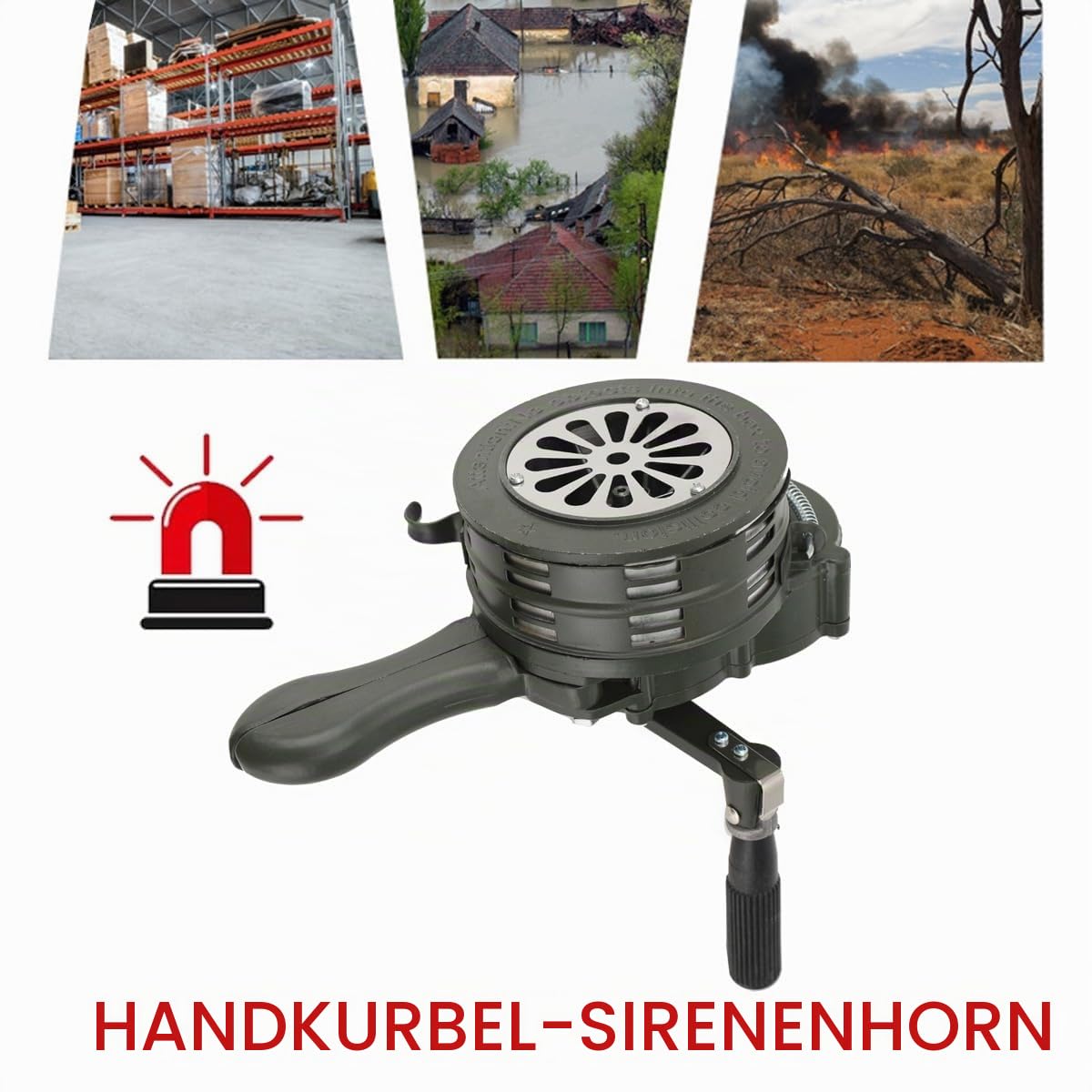 Handsirene mit Kurbel, 110dB Handkurbel Alarm Sirene, Dunkelgrün | Manuell Alarmsirene, Tragbar Handkurbel-Alarm, Luftangriffshorn/Alarm mit Aluminiumgehäuse, für Fabriken Schulen Küstenwachen