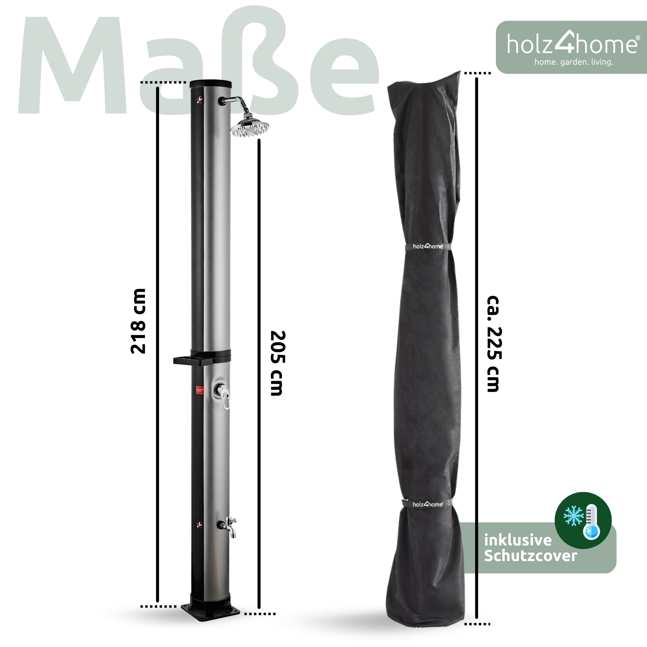 holz4home® Solardusche Gartendusche I Aussendusche mit Warmwasser bis 60°C I Outdoordusche für Garten & Pool inkl. Schutzhaube, Wasserhahn und Seifenablage