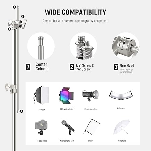 Miniatura 48 de NEEWER Soporte profesional en C resistente de acero inoxidable 100% con brazo de pluma, altura máxima de 10.5 pies, soporte de luz para fotografía