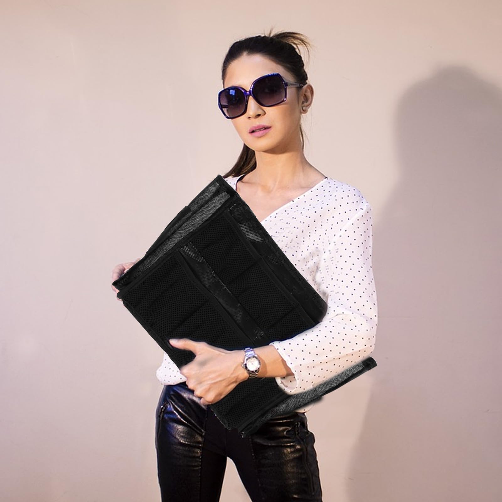Borsa Porta Trucchi Donna Grande Capacità in Garza Nera, Portatile e Pratica per Trucco Professionale e Organizzazione Pennelli da Viaggio