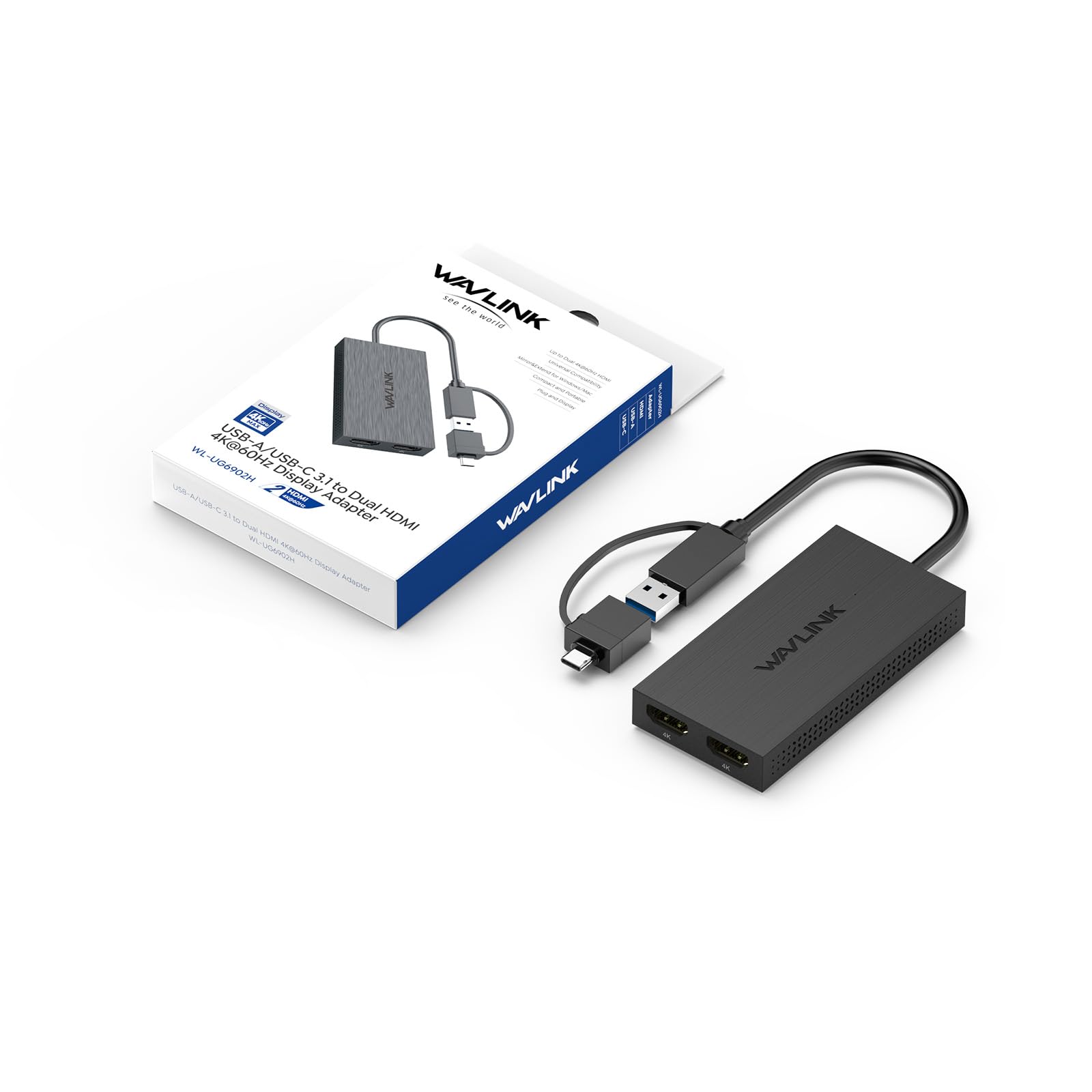 WAVLINK USB 3.1/USB-C zu Dual HDMI Adapter - DisplayLink Dual 4K 60Hz Monitor Hub für Windows & Apple M1/M2/M3 Mac, kompatibel mit New MacBook Neo