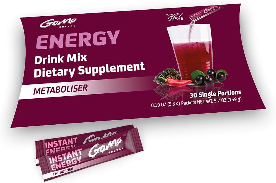 GoMo Energy® Sugar Free Fat Burner Energy Drink | L-Carnitine, Acai Powder, Green Tea Extract, Caffeine, Vitamin C & B Vitamins | Thermogenic Energy Powder Drink Mix | METABOLISER 30 Servings