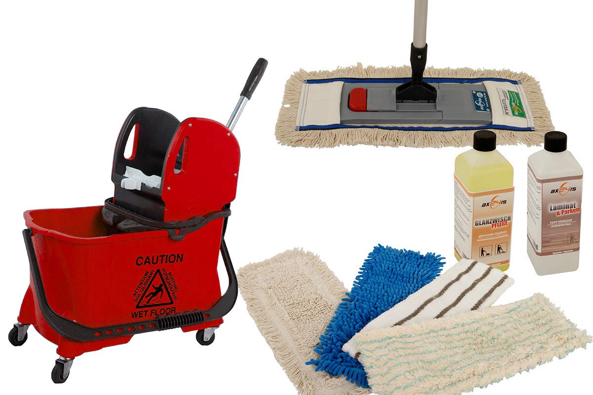 Kit Limpieza Profesional 24L - Carro con Mopas y Limpiadores | Cubo con separador, mopa de microfibra y algodón más 2L de limpiador concentrado para parqué y suelos delicados