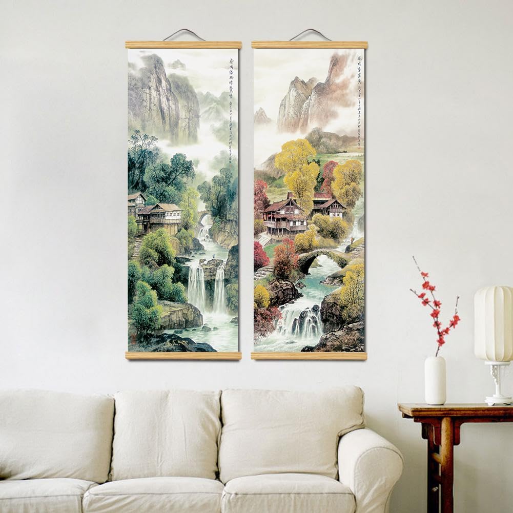 “Handmade Hanging Asian Wall Decor, Chinese traditional Ink Landscape Painting Set Fixed Wooden Hanging Scroll - 18"x30" (light green, 37L x 12W)